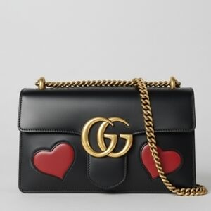 Gucci Black Leather GG Marmont Heart Chain Shoulder Bag